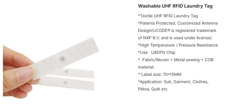 Close-up of two white textile UHF RFID laundry tags held between fingers, with specifications and features listed on the right side.